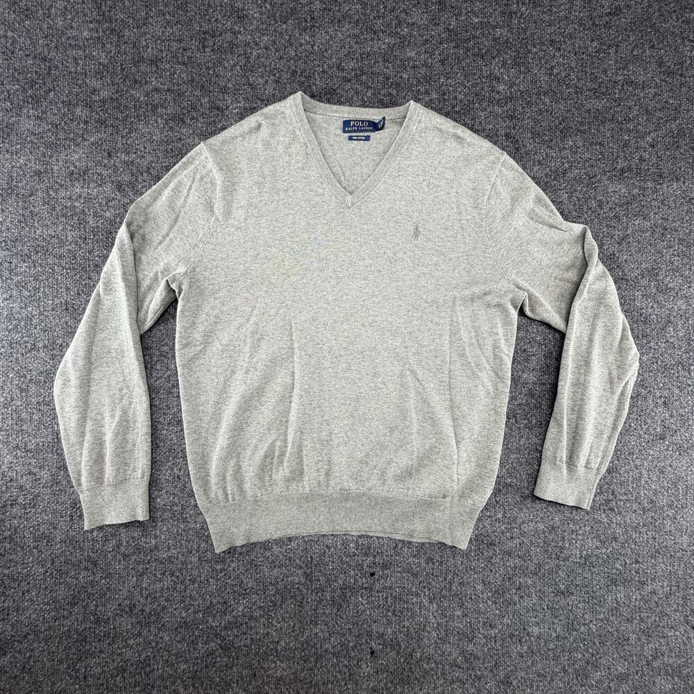 Polo Ralph Lauren Sweater Mens Large Gray Pima Cotton V-Neck Pullover Knit